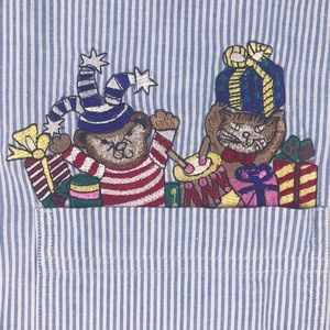 Vintage Embroidered Cotton Christmas Shirt Cat Teddy Bear SZ L Striped Whimsical